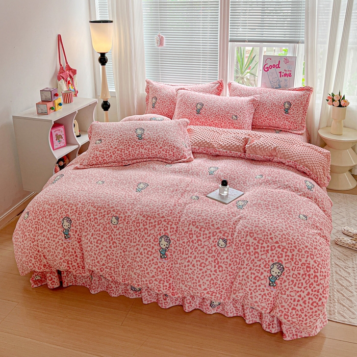 91家纺网 家纺一手货源 找家纺 一比一 2025新款加厚保暖豆豆牛奶绒床盖款四件套豹纹KT - 粉