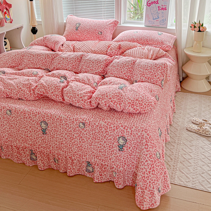 91家纺网 家纺一手货源 找家纺 一比一 2025新款加厚保暖豆豆牛奶绒床盖款四件套豹纹KT - 粉
