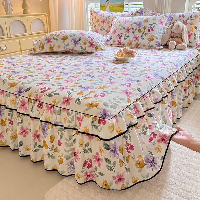 91家纺网 家纺一手货源 找家纺 优家居 2025新品水洗棉床裙单件三件套韩版水洗皱皱纱床罩直播爆款-单床裙 繁花似锦