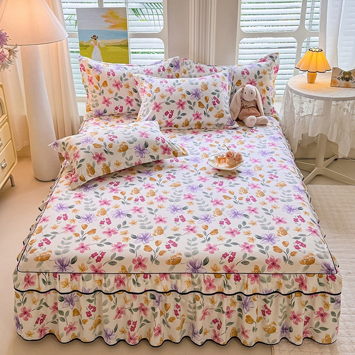 优家居 2025新品水洗棉床裙单件三件套韩版水洗皱皱纱床罩直播爆款-单床裙 繁花似锦