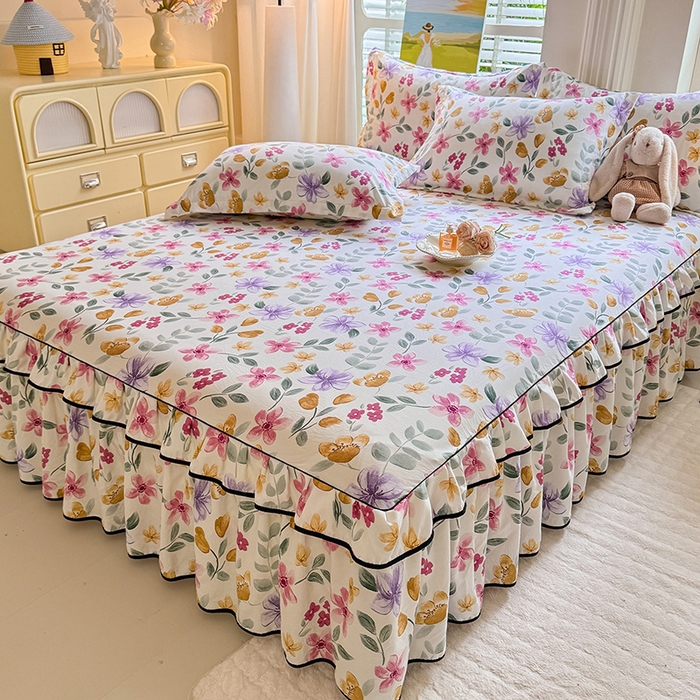 91家纺网 家纺一手货源 找家纺 优家居 2025新品水洗棉床裙单件三件套韩版水洗皱皱纱床罩直播爆款-单床裙 繁花似锦