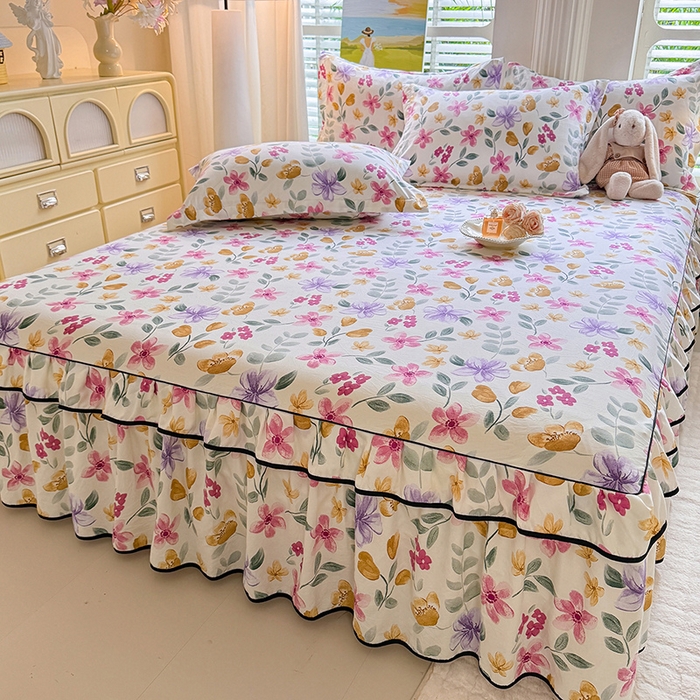 91家纺网 家纺一手货源 找家纺 优家居 2025新品水洗棉床裙单件三件套韩版水洗皱皱纱床罩直播爆款-单床裙 繁花似锦