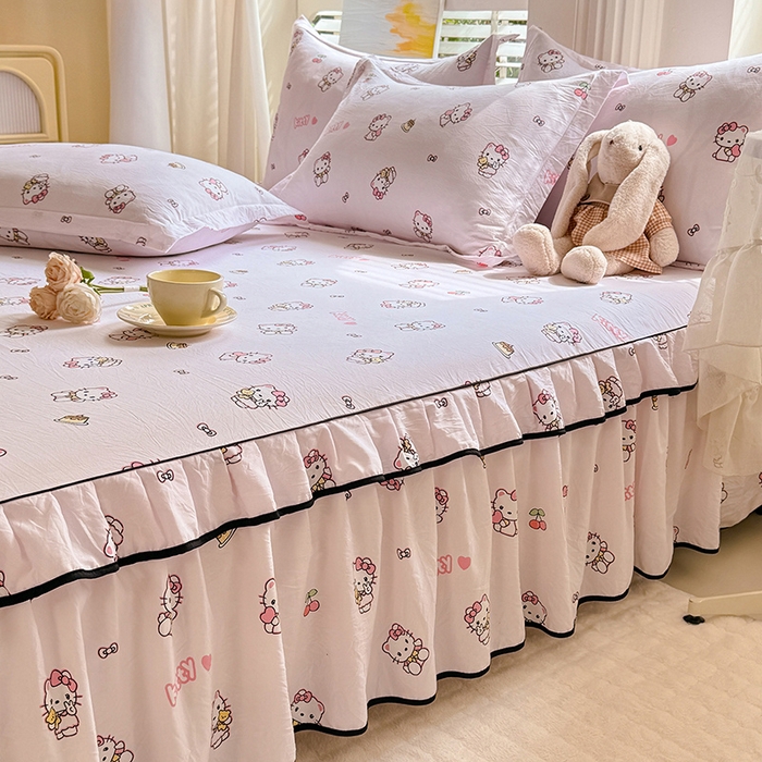 91家纺网 家纺一手货源 找家纺 优家居 2025新品水洗棉床裙单件三件套韩版水洗皱皱纱床罩直播爆款-单床裙 粉色猫猫