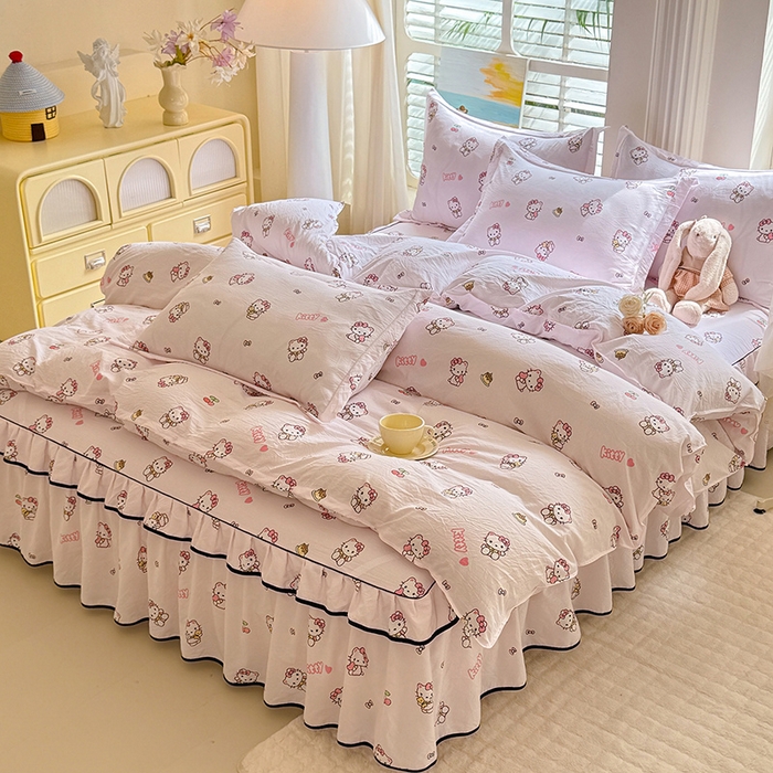 91家纺网 家纺一手货源 找家纺 优家居 2025新品水洗棉床裙单件三件套韩版水洗皱皱纱床罩直播爆款-单床裙 粉色猫猫