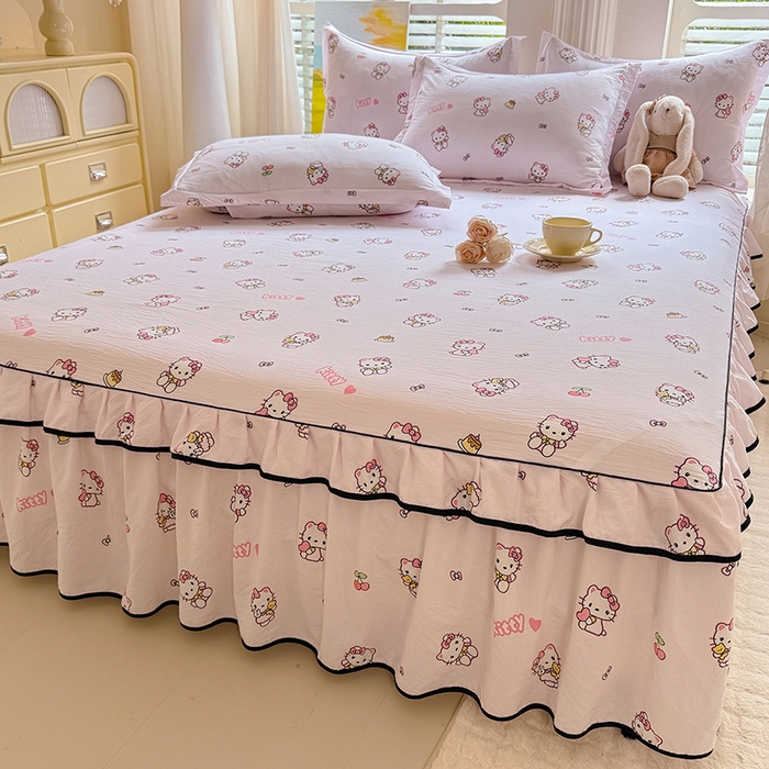 91家纺网 家纺一手货源 找家纺 优家居 2025新品水洗棉床裙单件三件套韩版水洗皱皱纱床罩直播爆款-单床裙 粉色猫猫