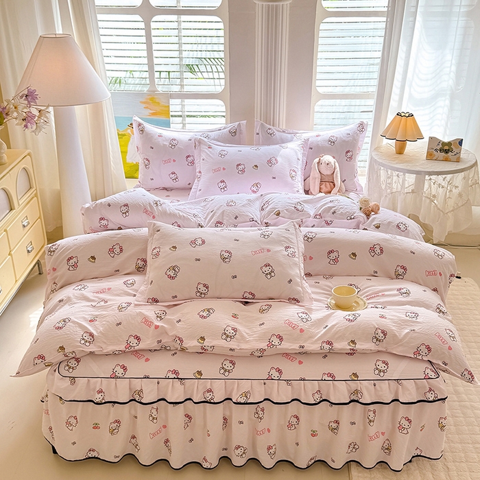 91家纺网 家纺一手货源 找家纺 优家居 2025新品水洗棉床裙单件三件套韩版水洗皱皱纱床罩直播爆款-单床裙 粉色猫猫