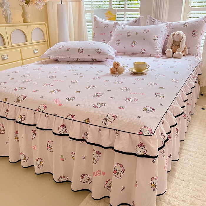 91家纺网 家纺一手货源 找家纺 优家居 2025新品水洗棉床裙单件三件套韩版水洗皱皱纱床罩直播爆款-单床裙 粉色猫猫