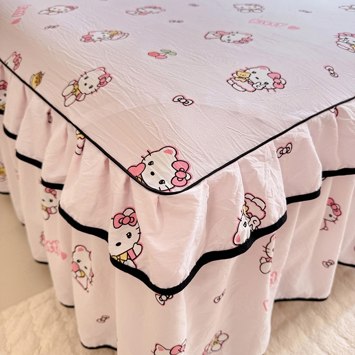 91家纺网 家纺一手货源 找家纺 优家居 2025新品水洗棉床裙单件三件套韩版水洗皱皱纱床罩直播爆款-单床裙 粉色猫猫