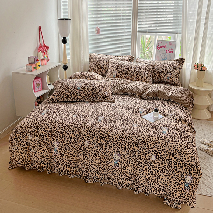 91家纺网 家纺一手货源 找家纺 一比一 2025新款加厚保暖豆豆牛奶绒床盖款四件套豹纹KT- 咖