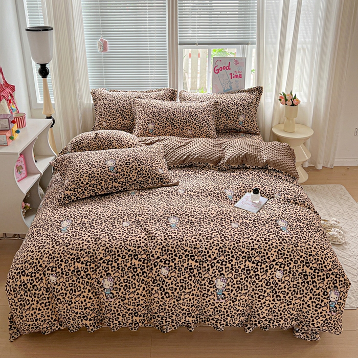 91家纺网 家纺一手货源 找家纺 一比一 2025新款加厚保暖豆豆牛奶绒床盖款四件套豹纹KT- 咖