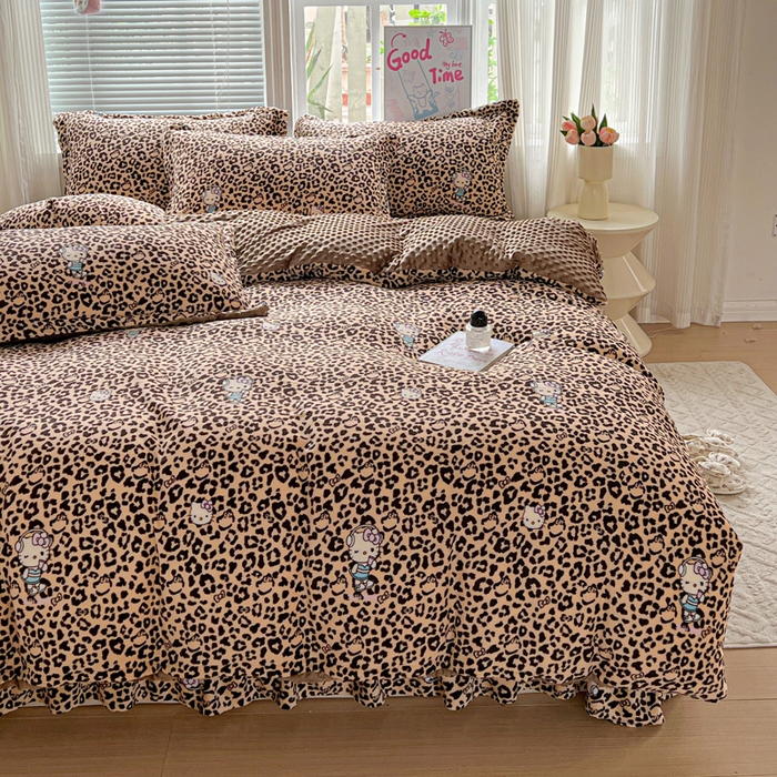 91家纺网 家纺一手货源 找家纺 一比一 2025新款加厚保暖豆豆牛奶绒床盖款四件套豹纹KT- 咖