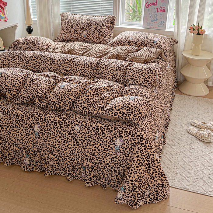 91家纺网 家纺一手货源 找家纺 一比一 2025新款加厚保暖豆豆牛奶绒床盖款四件套豹纹KT- 咖