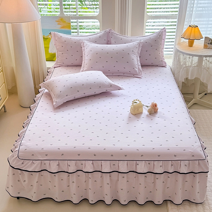 优家居 2025新品水洗棉床裙单件三件套韩版水洗皱皱纱床罩直播爆款-单床裙 粉雾结语