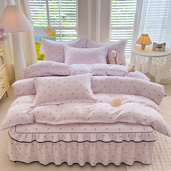 91家纺网 家纺一手货源 找家纺 优家居 2025新品水洗棉床裙单件三件套韩版水洗皱皱纱床罩直播爆款-单床裙 粉雾结语