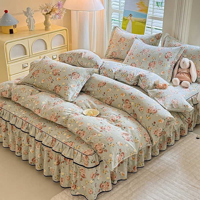 91家纺网 家纺一手货源 找家纺 优家居 2025新品水洗棉床裙单件三件套韩版水洗皱皱纱床罩直播爆款-单床裙 花花田园