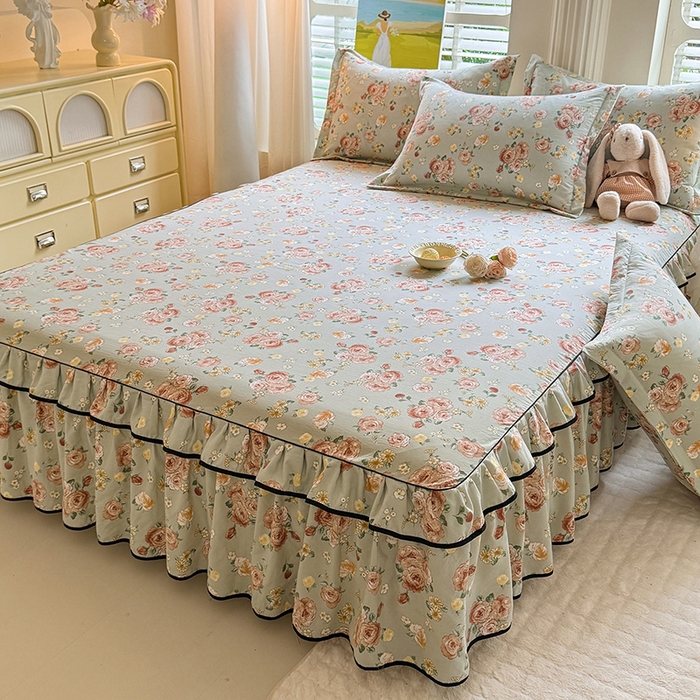 91家纺网 家纺一手货源 找家纺 优家居 2025新品水洗棉床裙单件三件套韩版水洗皱皱纱床罩直播爆款-单床裙 花花田园