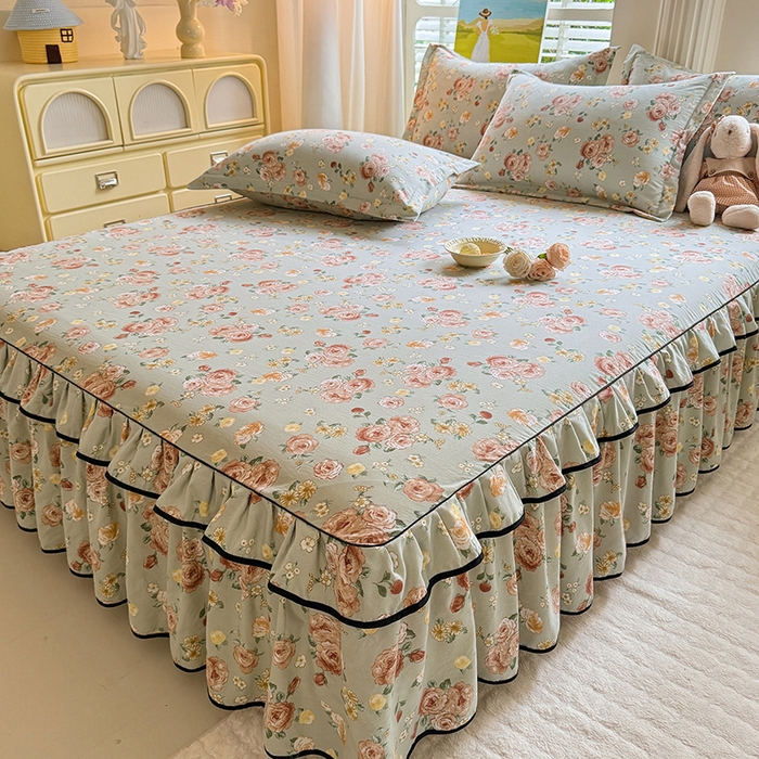 91家纺网 家纺一手货源 找家纺 优家居 2025新品水洗棉床裙单件三件套韩版水洗皱皱纱床罩直播爆款-单床裙 花花田园