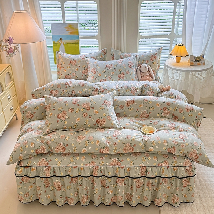 91家纺网 家纺一手货源 找家纺 优家居 2025新品水洗棉床裙单件三件套韩版水洗皱皱纱床罩直播爆款-单床裙 花花田园