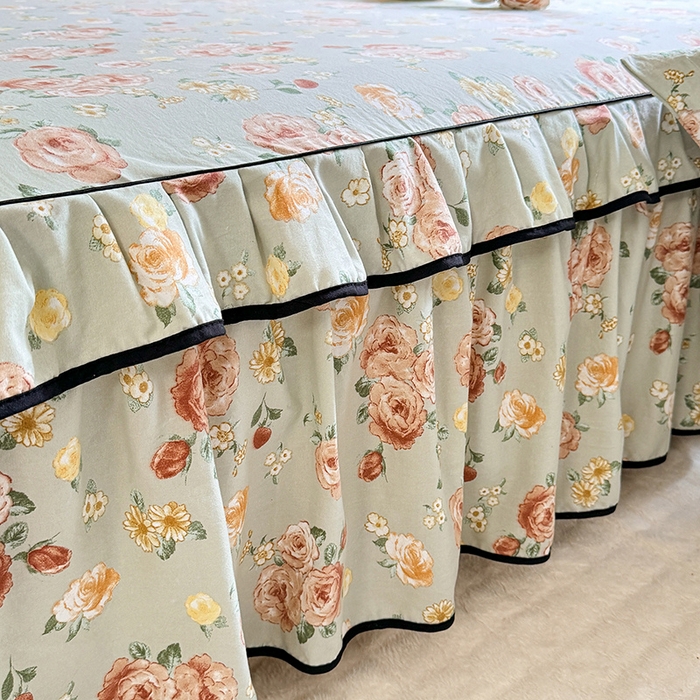 91家纺网 家纺一手货源 找家纺 优家居 2025新品水洗棉床裙单件三件套韩版水洗皱皱纱床罩直播爆款-单床裙 花花田园