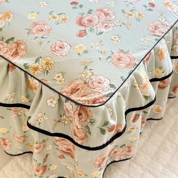 91家纺网 家纺一手货源 找家纺 优家居 2025新品水洗棉床裙单件三件套韩版水洗皱皱纱床罩直播爆款-单床裙 花花田园