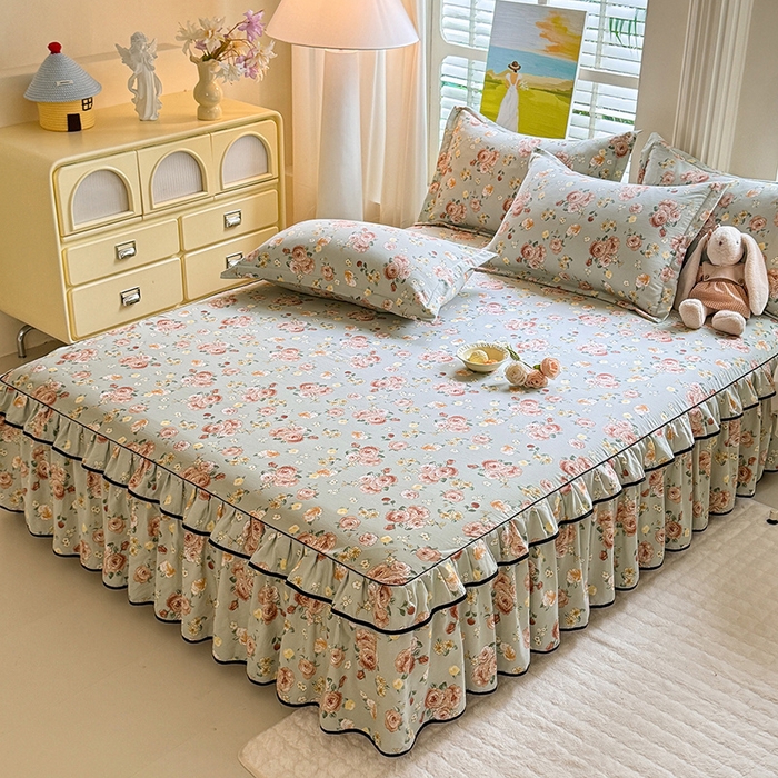 91家纺网 家纺一手货源 找家纺 优家居 2025新品水洗棉床裙单件三件套韩版水洗皱皱纱床罩直播爆款-单床裙 花花田园