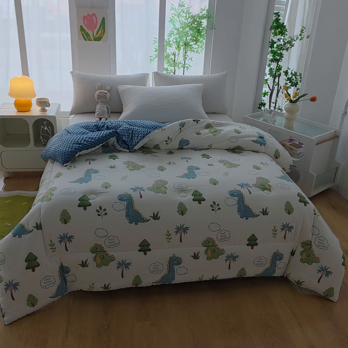 91家纺网 家纺一手货源 找家纺 中国龙家纺 2023新款A类水洗棉豆豆绒加厚冬被 恐龙乐园