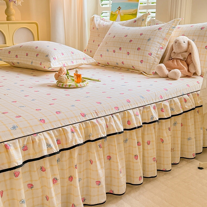 91家纺网 家纺一手货源 找家纺 优家居 2025新品水洗棉床裙单件三件套韩版水洗皱皱纱床罩直播爆款-单床裙 莓好时光