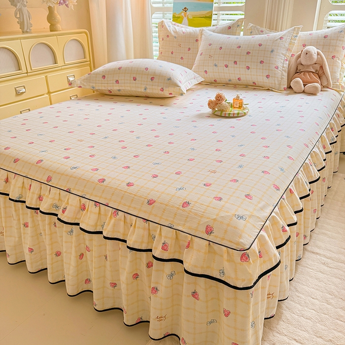 91家纺网 家纺一手货源 找家纺 优家居 2025新品水洗棉床裙单件三件套韩版水洗皱皱纱床罩直播爆款-单床裙 莓好时光