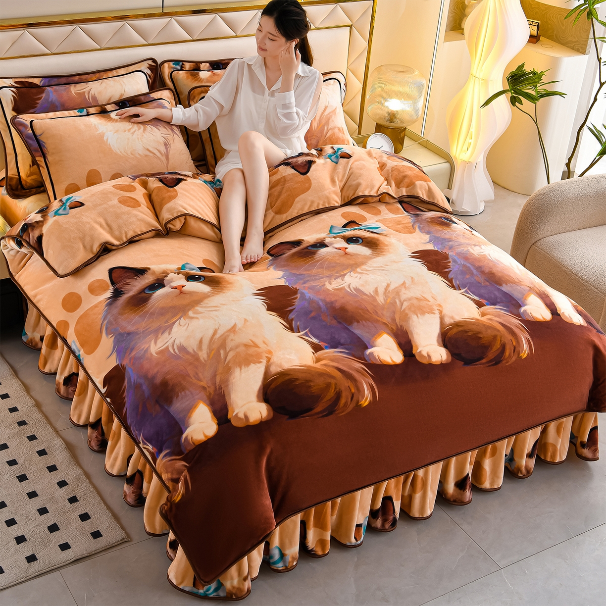 91家纺网 家纺一手货源 找家纺 缘莉娜家纺 2025高克重8斤牛奶绒四件套金貂绒法莱绒加厚保暖直播电商爆款 布偶喵