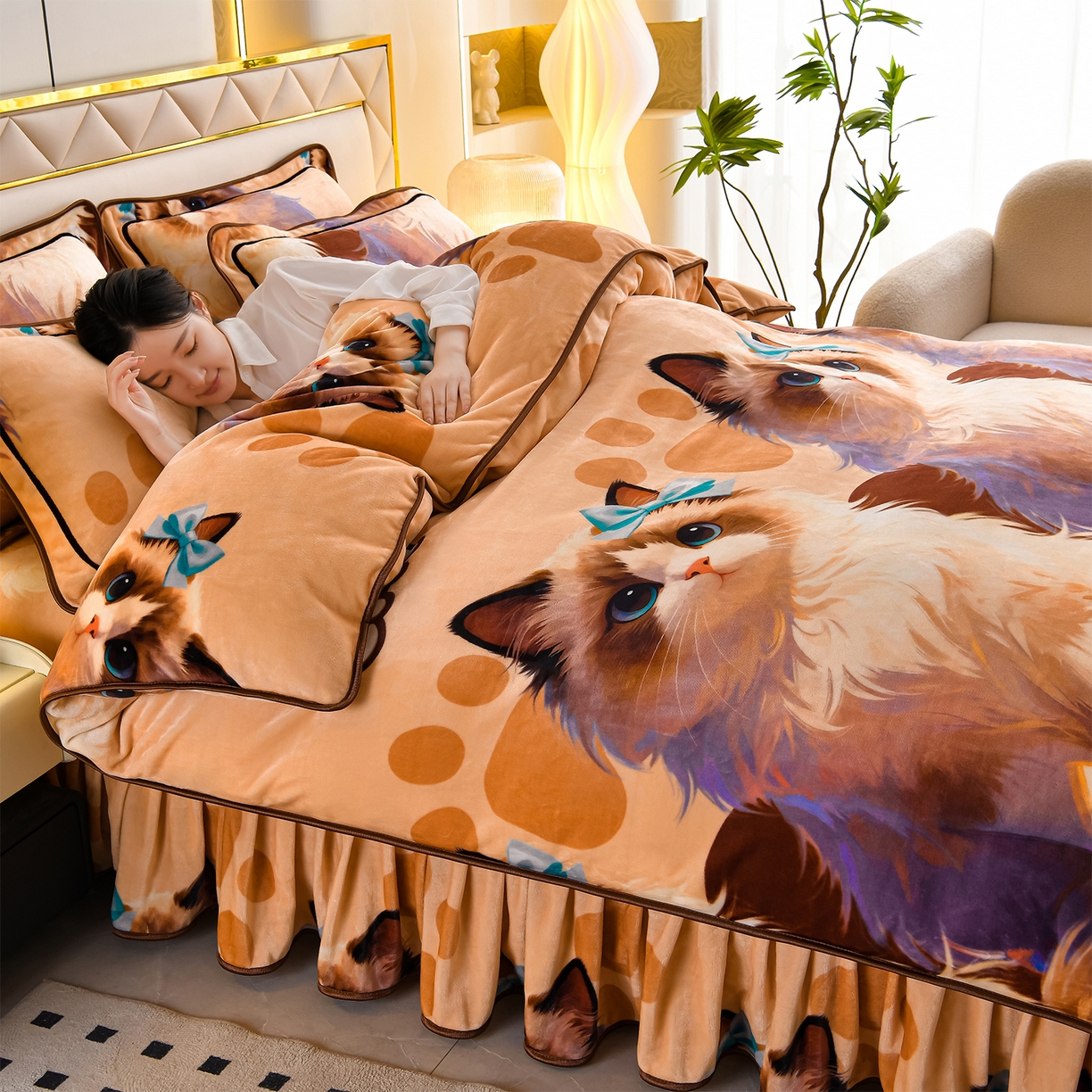 91家纺网 家纺一手货源 找家纺 缘莉娜家纺 2025高克重8斤牛奶绒四件套金貂绒法莱绒加厚保暖直播电商爆款 布偶喵