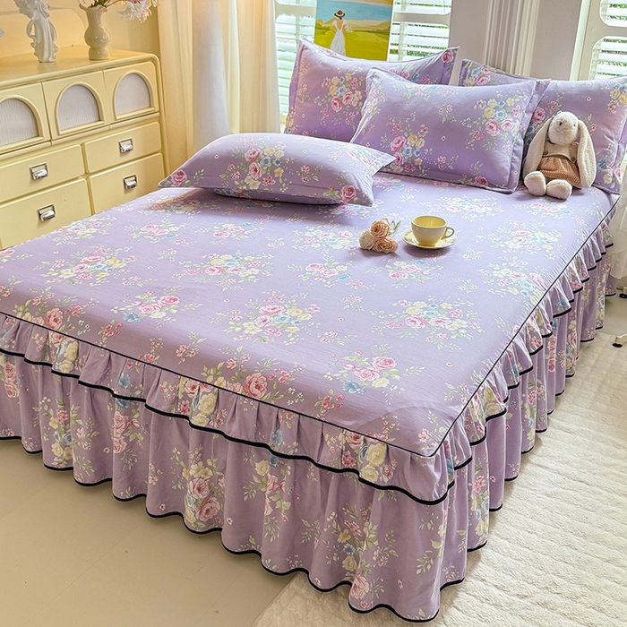 91家纺网 家纺一手货源 找家纺 优家居 2025新品水洗棉床裙单件三件套韩版水洗皱皱纱床罩直播爆款-单床裙 秘园絮语