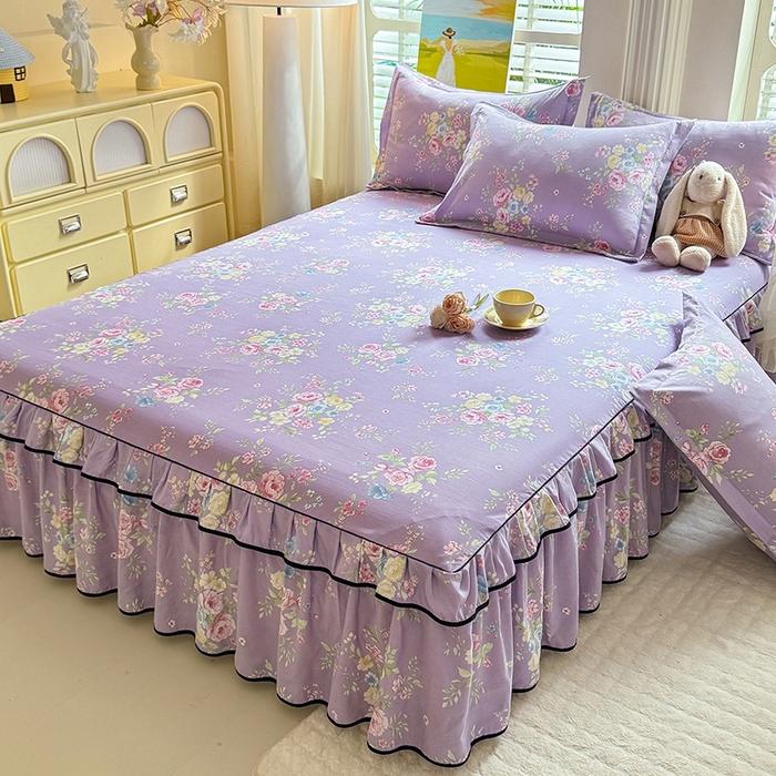 91家纺网 家纺一手货源 找家纺 优家居 2025新品水洗棉床裙单件三件套韩版水洗皱皱纱床罩直播爆款-单床裙 秘园絮语