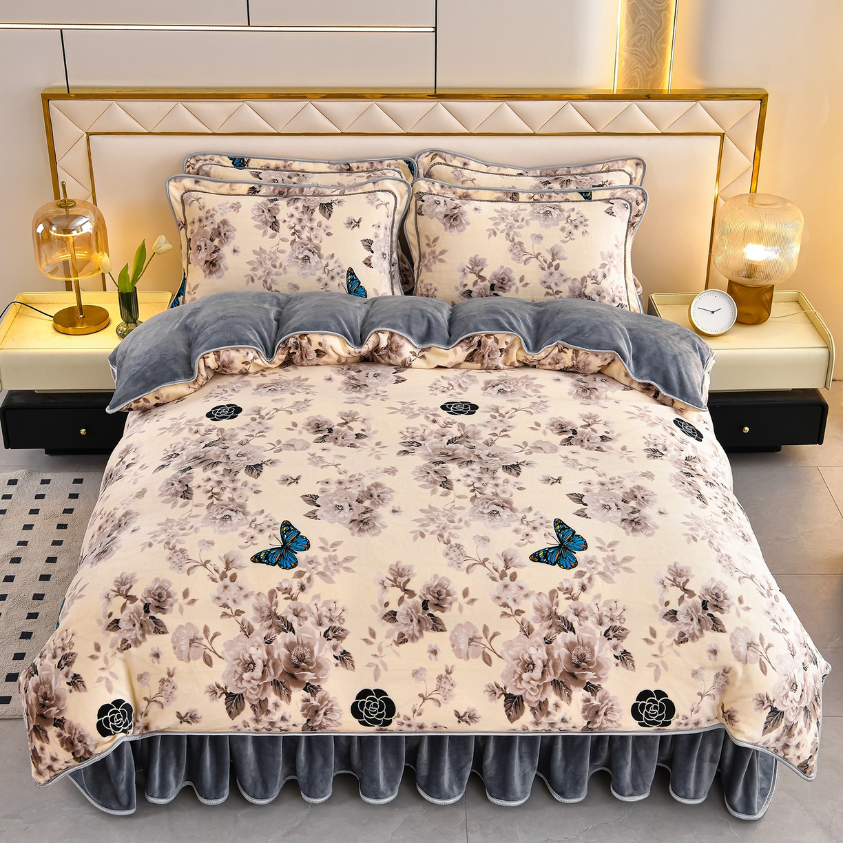 91家纺网 家纺一手货源 找家纺 缘莉娜家纺 2025高克重8斤牛奶绒四件套金貂绒法莱绒加厚保暖直播电商爆款 蝶恋花