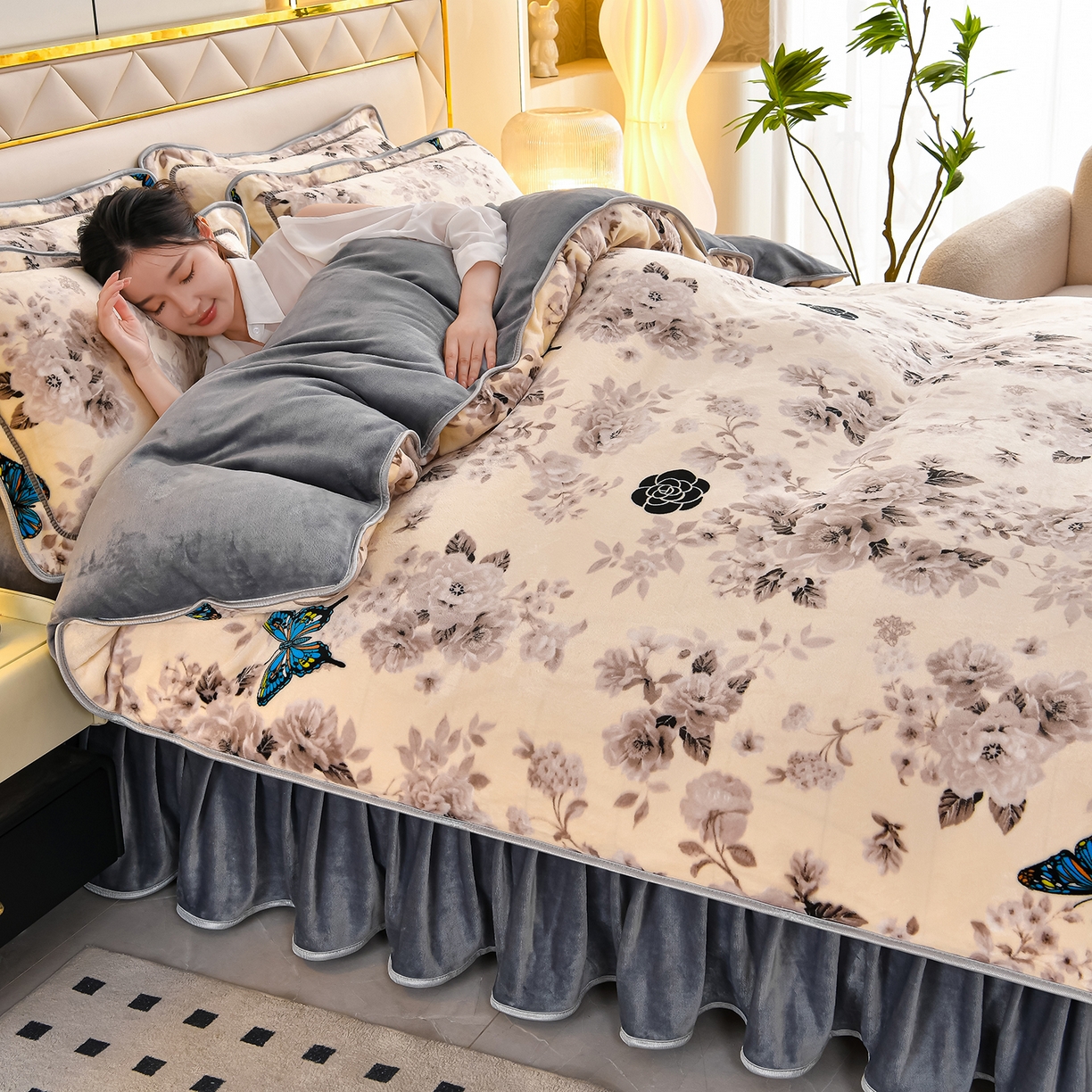 91家纺网 家纺一手货源 找家纺 缘莉娜家纺 2025高克重8斤牛奶绒四件套金貂绒法莱绒加厚保暖直播电商爆款 蝶恋花