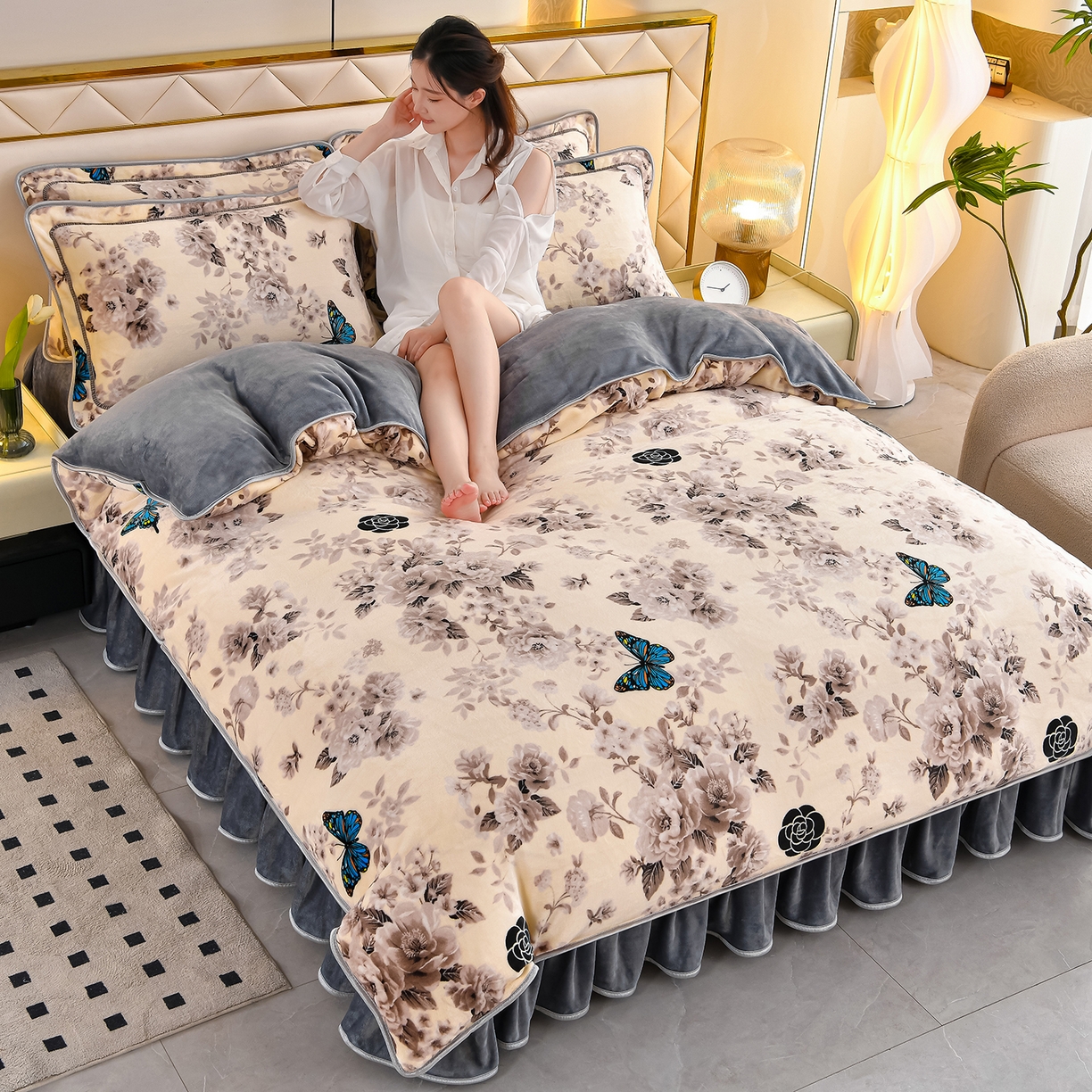 91家纺网 家纺一手货源 找家纺 缘莉娜家纺 2025高克重8斤牛奶绒四件套金貂绒法莱绒加厚保暖直播电商爆款 蝶恋花