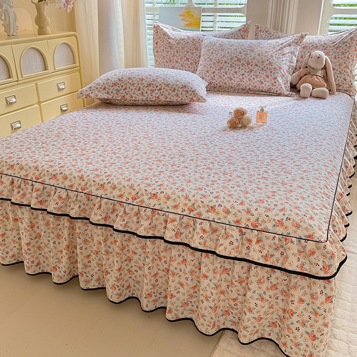 91家纺网 家纺一手货源 找家纺 优家居 2025新品水洗棉床裙单件三件套韩版水洗皱皱纱床罩直播爆款-单床裙 陌上花开