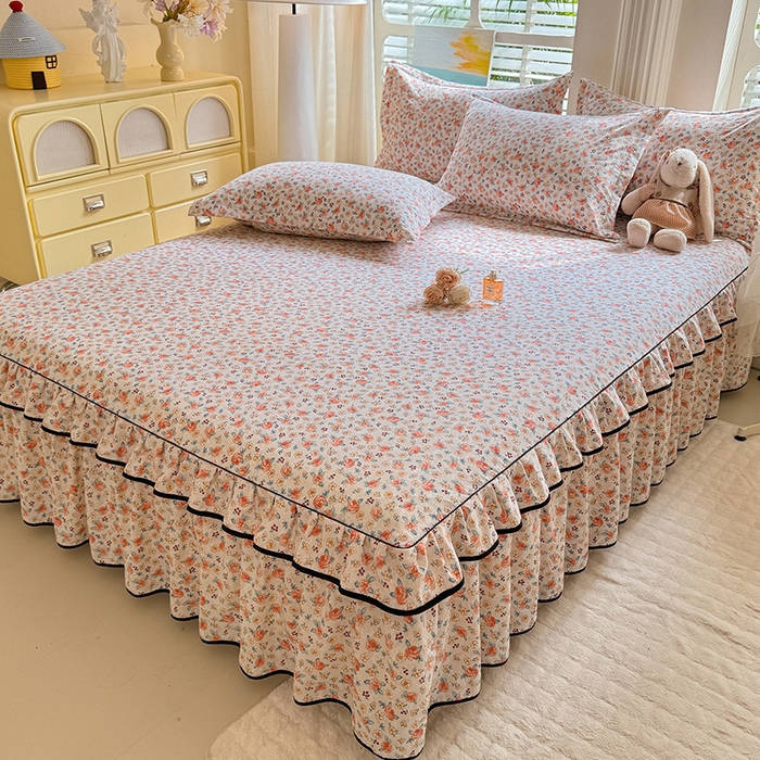 91家纺网 家纺一手货源 找家纺 优家居 2025新品水洗棉床裙单件三件套韩版水洗皱皱纱床罩直播爆款-单床裙 陌上花开