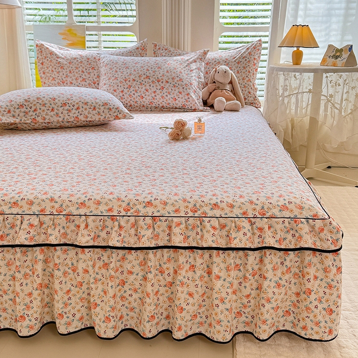 91家纺网 家纺一手货源 找家纺 优家居 2025新品水洗棉床裙单件三件套韩版水洗皱皱纱床罩直播爆款-单床裙 陌上花开