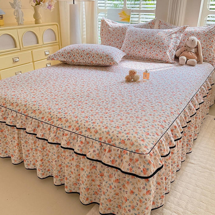 91家纺网 家纺一手货源 找家纺 优家居 2025新品水洗棉床裙单件三件套韩版水洗皱皱纱床罩直播爆款-单床裙 陌上花开