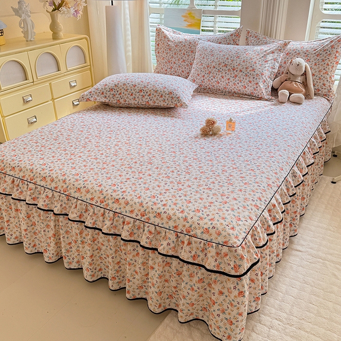 91家纺网 家纺一手货源 找家纺 优家居 2025新品水洗棉床裙单件三件套韩版水洗皱皱纱床罩直播爆款-单床裙 陌上花开