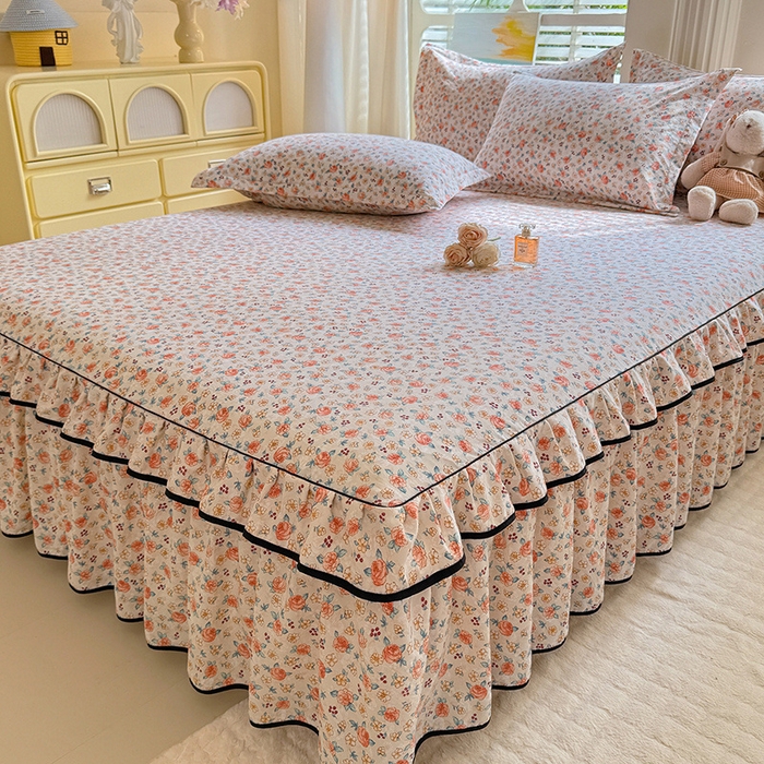 91家纺网 家纺一手货源 找家纺 优家居 2025新品水洗棉床裙单件三件套韩版水洗皱皱纱床罩直播爆款-单床裙 陌上花开