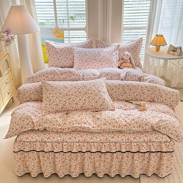 91家纺网 家纺一手货源 找家纺 优家居 2025新品水洗棉床裙单件三件套韩版水洗皱皱纱床罩直播爆款-单床裙 陌上花开