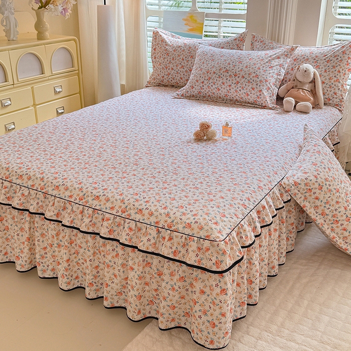 91家纺网 家纺一手货源 找家纺 优家居 2025新品水洗棉床裙单件三件套韩版水洗皱皱纱床罩直播爆款-单床裙 陌上花开