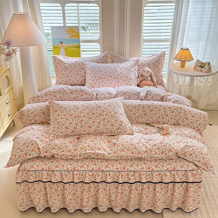 91家纺网 家纺一手货源 找家纺 优家居 2025新品水洗棉床裙单件三件套韩版水洗皱皱纱床罩直播爆款-单床裙 陌上花开