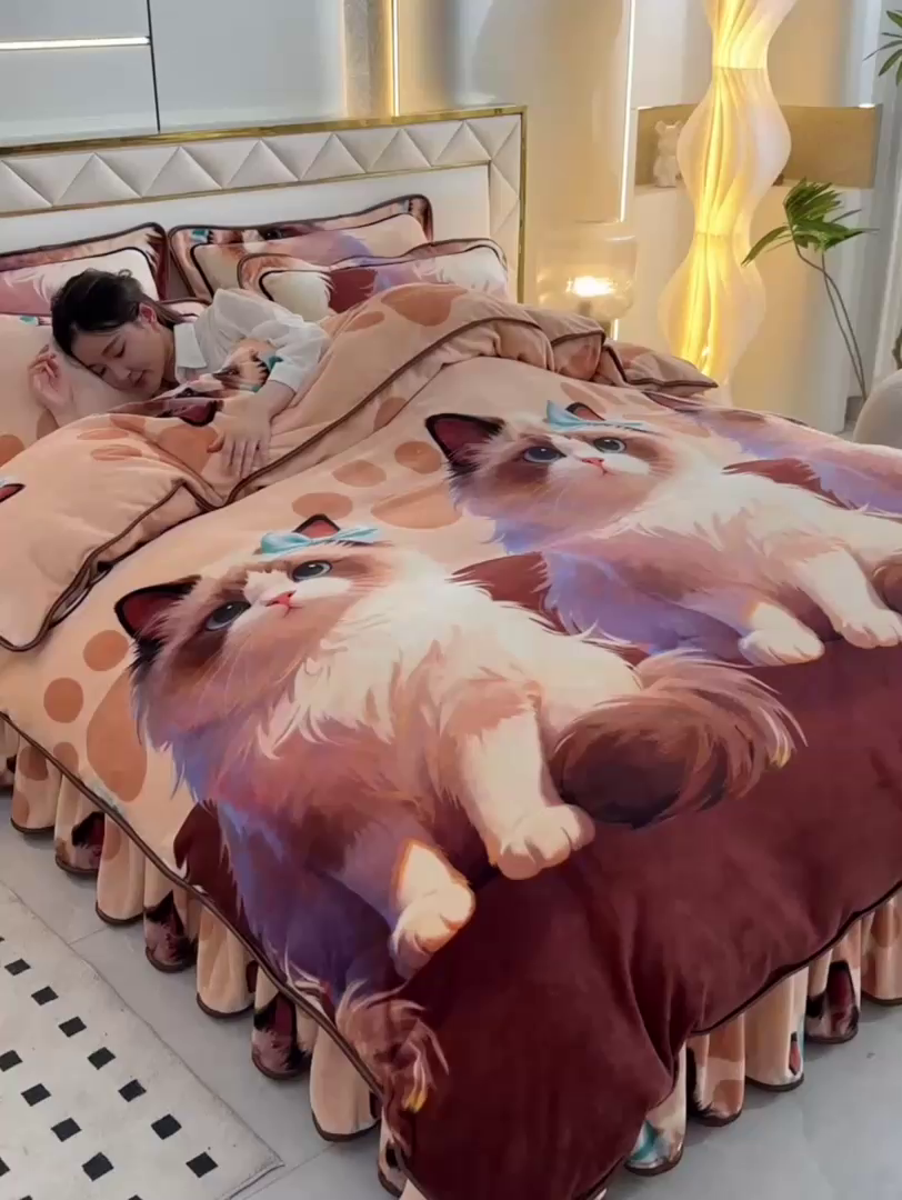 91家纺网 家纺一手货源 找家纺 缘莉娜家纺 2025高克重8斤牛奶绒四件套金貂绒法莱绒加厚保暖直播电商爆款 布偶喵