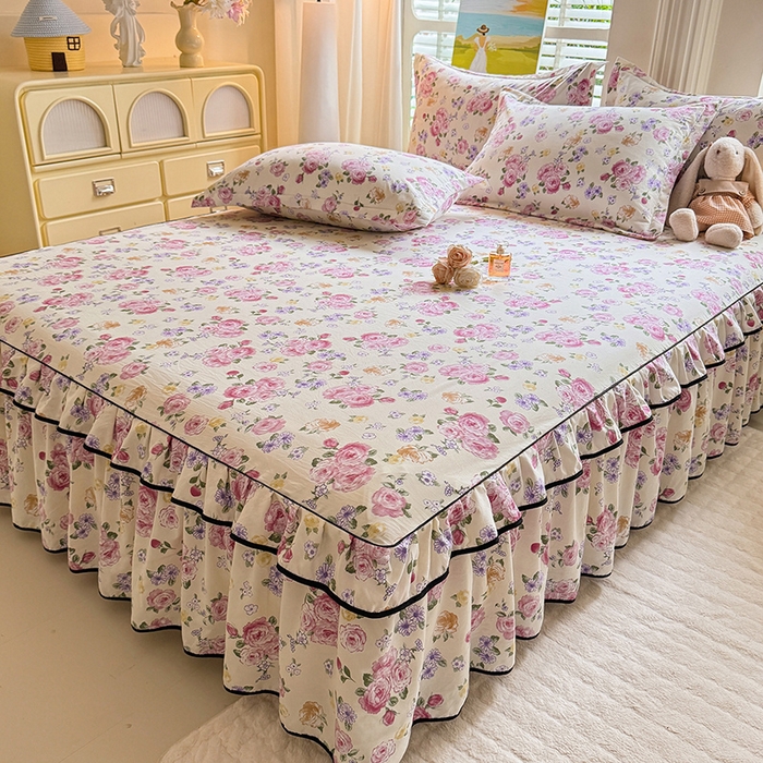 91家纺网 家纺一手货源 找家纺 优家居 2025新品水洗棉床裙单件三件套韩版水洗皱皱纱床罩直播爆款-单床裙 紫雾花园