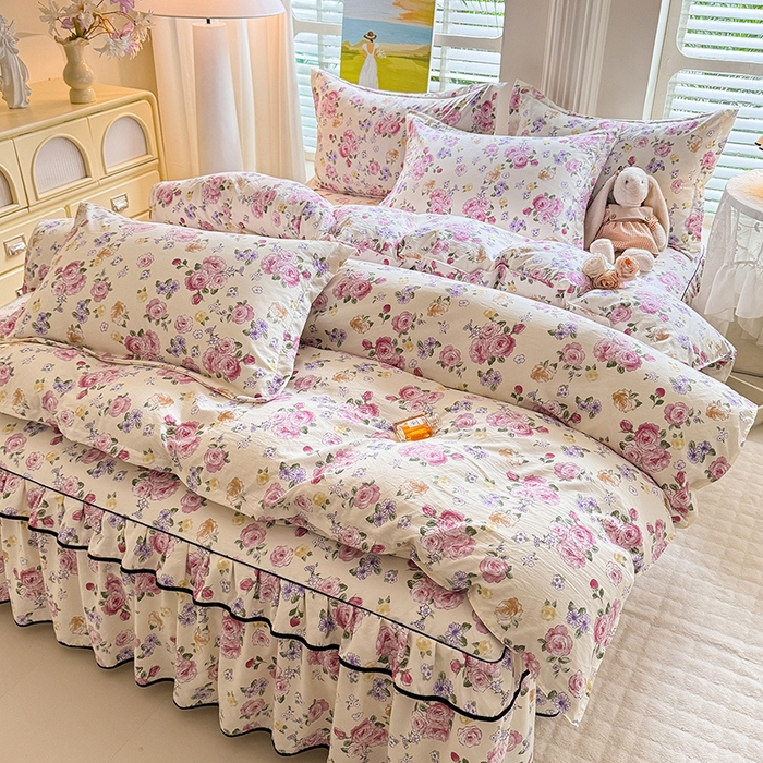 91家纺网 家纺一手货源 找家纺 优家居 2025新品水洗棉床裙单件三件套韩版水洗皱皱纱床罩直播爆款-单床裙 紫雾花园