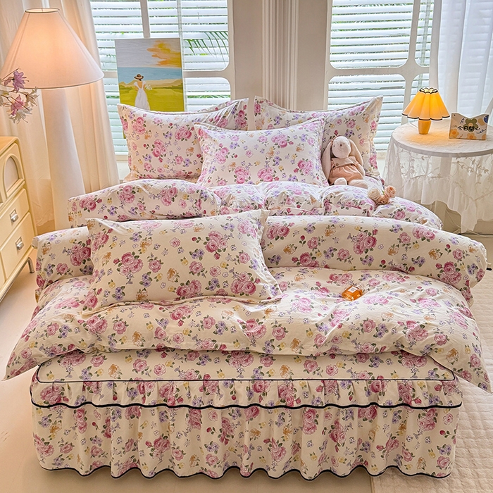 91家纺网 家纺一手货源 找家纺 优家居 2025新品水洗棉床裙单件三件套韩版水洗皱皱纱床罩直播爆款-单床裙 紫雾花园