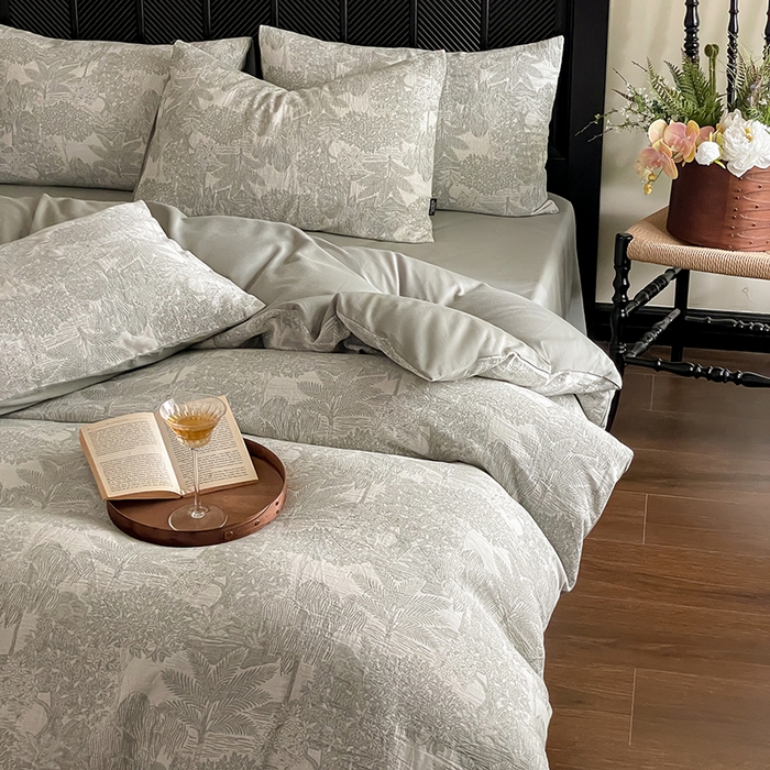 91家纺网 家纺一手货源 找家纺 宜代光年 2025新款色织水洗棉提花四件套（第一批） 红木林 森林绿