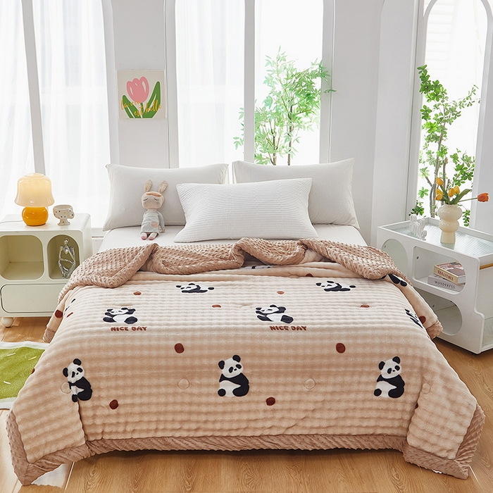 91家纺网 家纺一手货源 找家纺 中国龙家纺 2025新款双面可用兔毛绒豆豆被被子被芯 熊猫点点-咖